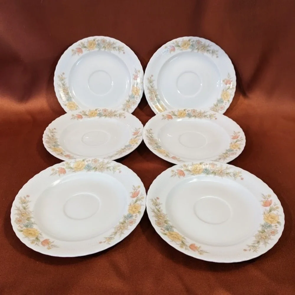 Vintage Ichiyama Toen Japan Floral Porcelain Tea Cup Saucer Set of 6 Ribbed Edge